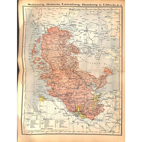 0186	 Map/Print- 	Schleswig Holstein Hamburg Lauenburg Lübeck	 - No.	13	Vintage German Map Print 1902 size:26x34cm 		