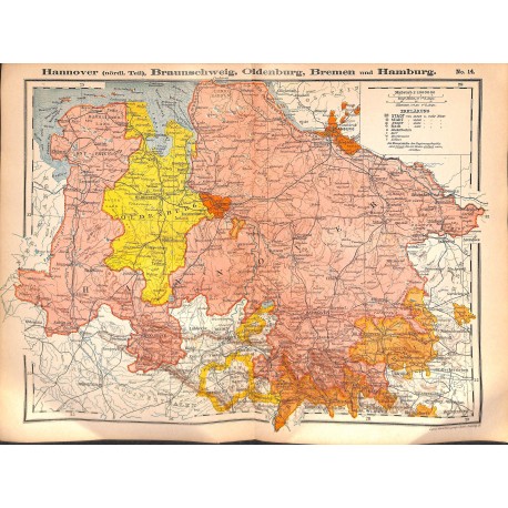 0187	 Map/Print- 	Brunswick Braunschweig Oldenburg Bremen Hamburg	 - No.	14	Vintage German Map Print 1902 size:26x34cm 		