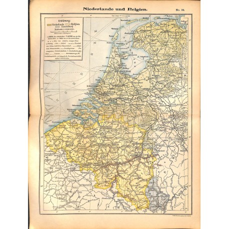 0203	 Map/Print- 	Belgium Netherlands Europe	 - No.	34	Vintage German Map Print 1902 size:26x34cm 		