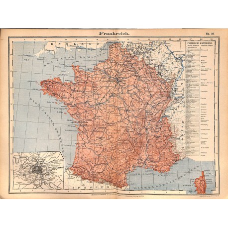 0204	 Map/Print- 	France Frankreich Europe	 - No.	35	Vintage German Map Print 1902 size:26x34cm 		