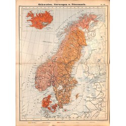 0206	 Map/Print- 	Skandinavia Norway Sweden Denmark	 - No.	37	Vintage German Map Print 1902 size:26x34cm 		