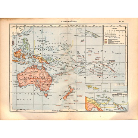 0219	 Map/Print- 	Australia Island Pacific New Zealand Fidschi Cook Island	 - No.	51	Vintage German Map Print 1902 size:26x34cm