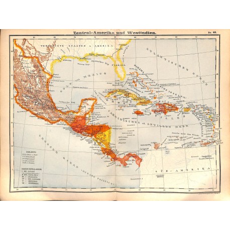 0229	 Map/Print- 	Latin Amercia Mexico Cuba Nicaragua 	 - No.	49	Vintage German Map Print 1902 size:26x34cm 	