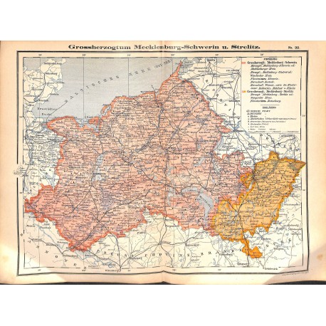 0251	 Map/Print- 	Mecklenburg-Schwerin Strelitz Grossherzogtum German Reich	 - No.	20	Vintage German Map Print 1902 