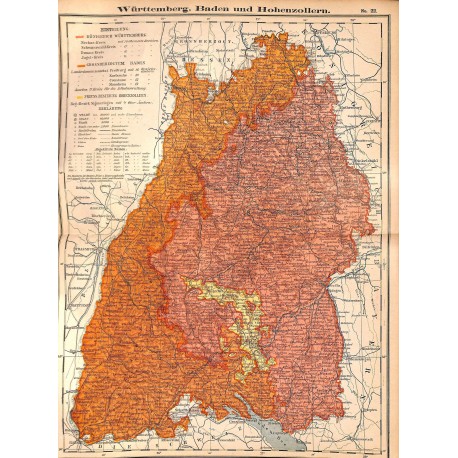 0253	 Map/Print- 	Württemberg Baden Hohenzollern Wurtemberg Baden German Reich	 - No.	22	Vintage German Map Print 1902 