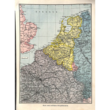 1901 WWI print 1914/18-	colored map Western Front France Belgium	,size:	23,5 x 32,5 cm