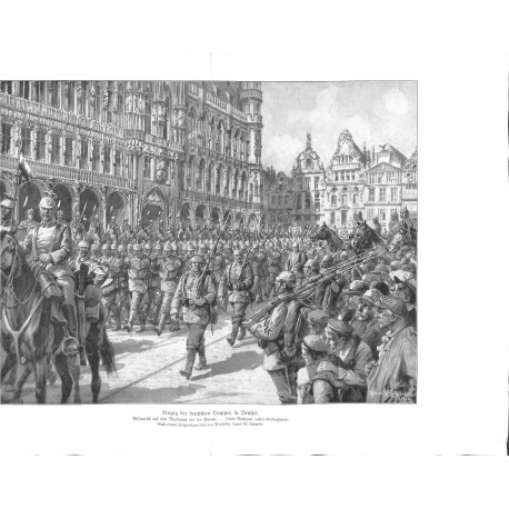 2071	 WWI print 1914/18-	Bruxelles German troops soldiers city hall place	,size:	47 x 32,5 cm		,this print comes from the german