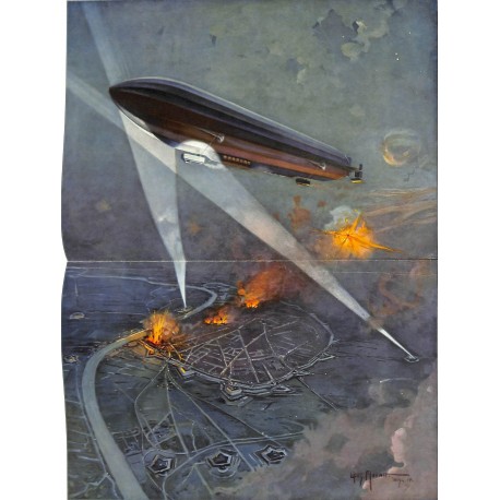 2074	 WWI print 1914/18-	Zeppelin Antwerpen painting by Morat	,size:	47 x 32,5 cm		,this print comes from the german book "Illus