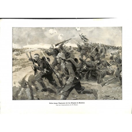 2113	 WWI print 1914/18-	Flandern Belgium german soldiers storm	,size:	23,5 x 32,5 cm		,this print comes from the german book "I