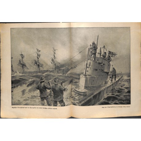 2213	 WWI print 1914/18-	English ship german U-Boot szubmarine	,size:	23,5 x 32,5 cm	, printed on normal paper-	,this print come