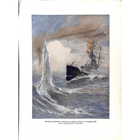 2252	 WWI print 1914/18-	German torpedo ship in fight with english destroyer stormy sea	,size:	47 x 32,5 cm		,this print comes f