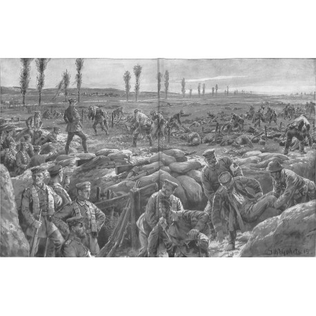 2291	 WWI print 1914/18-	battlefield germand & french soldiers help each other	,size:	47 x 32,5 cm		,this print comes from the g