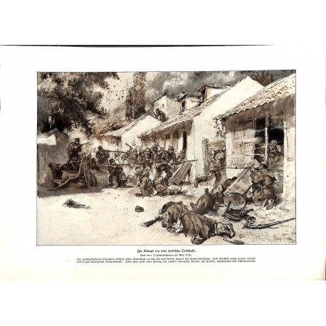 2293	 WWI print 1914/18-	german soldiers fight serbian village	,size:	23,5 x 32,5 cm		,this print comes from the german book "Il