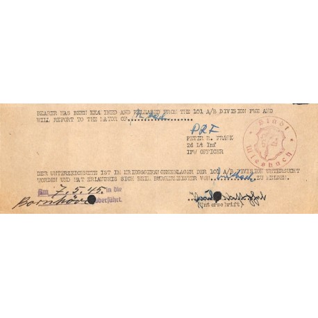 2794	 WWII US permit POW Camp Wiesbach	-	101 A/B Division PWE		100% original permit to report to the mayor	fl