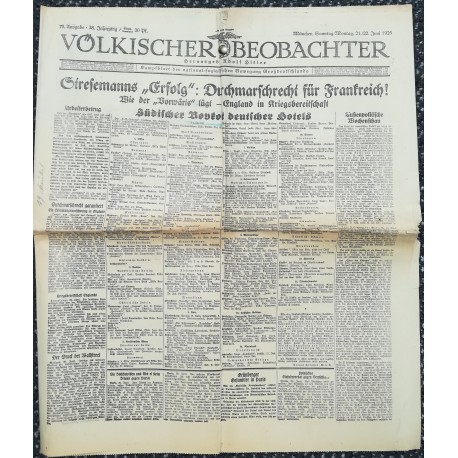 10756	 Kampfzeit VÖLKISCHER BEOBACHTER	 No. 70	 21./22.Juni 1925	 Stresemanns "Erfolg" Durchmarschrecht für Frankreich