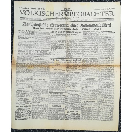 10762	 Kampfzeit VÖLKISCHER BEOBACHTER	 No. 77	 30.Juni 1925	 Bolschewistische Ermordung eines Nationalsozialisten	