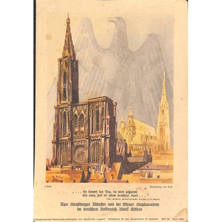 10341	 Third Reich print 	 Strassburg Dome Reich Eagel in background, painting by Erik, printed 1940