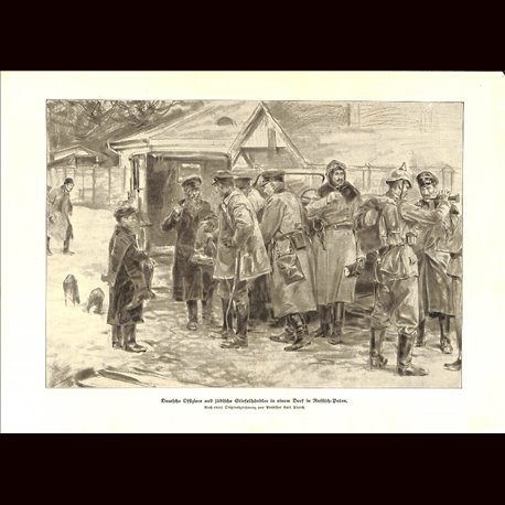 9016	 WWI print	 Jews German Officers with jewish shoe dealers in a village in Russian Poland soldiers	