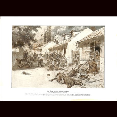 9017	 WWI print	 German soldiers serbian village battle fights