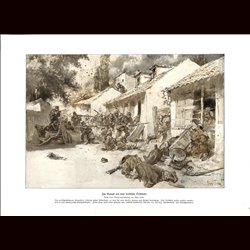 9018	 WWI print	 German soldiers serbian village battle fights	