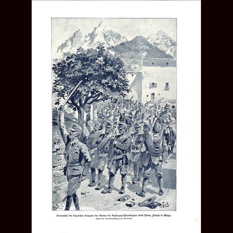 9021	 WWI print	 Hungro-Austrian soldiers Army of Erzherzog-Thronfolger Karl Franz Joseph in Asiago Italy	