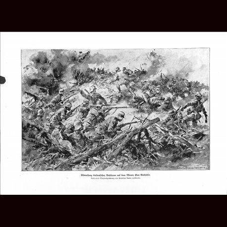 9026	 WWI print	 Hungro-Austrian soldiers against Italin troops Monte San Gabriele by Anton Hoffmann	 