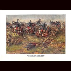 9028	 WWI print	 Hungarian Honved versus Russian soldiers Cavalry Infantry by Anton Hoffmann