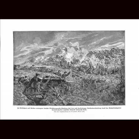 9029	 WWI print	German soldiers machine gun barb wire trenches English troops by Martin Frost	