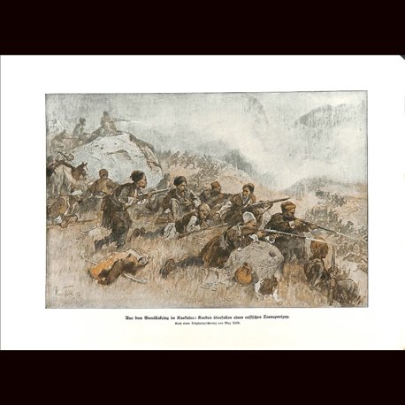 9032	 WWI print	 Guerillas Kaukasus Kurds attack russian transport Kurde by Max Tilke	