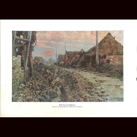 9057	 WWI print	 German soldiers trench village by Hans Schmidt	