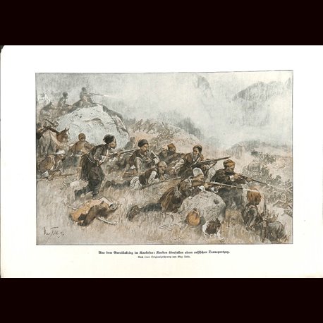 9065	 WWI print	 Guerillas Kaukasus Kurds attack russian transport Kurde by Max Tilke	