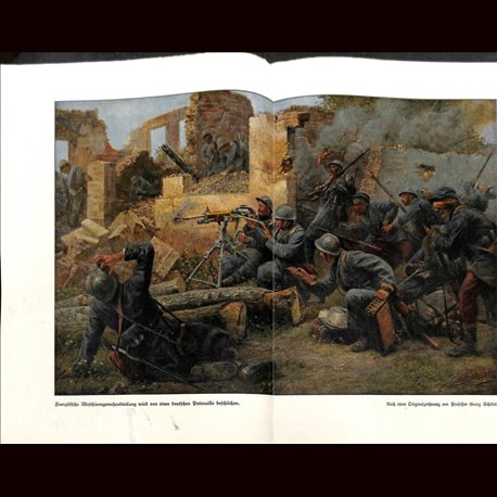 9077	 WWI print	 French machine gun position German soldiers by Georg Schöbel	