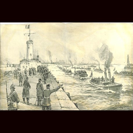 9093	 WWI print	 English ships arrive at North France by Willy Stöwer	